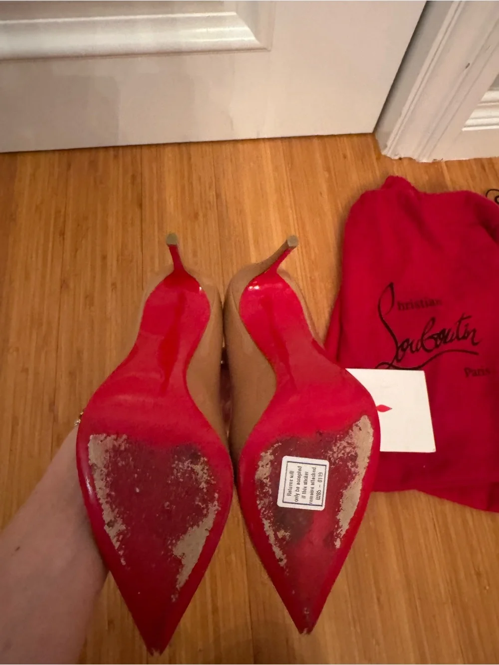 Christian Louboutin Blush Patent Pointed-Toe Stiletto with Red Sole